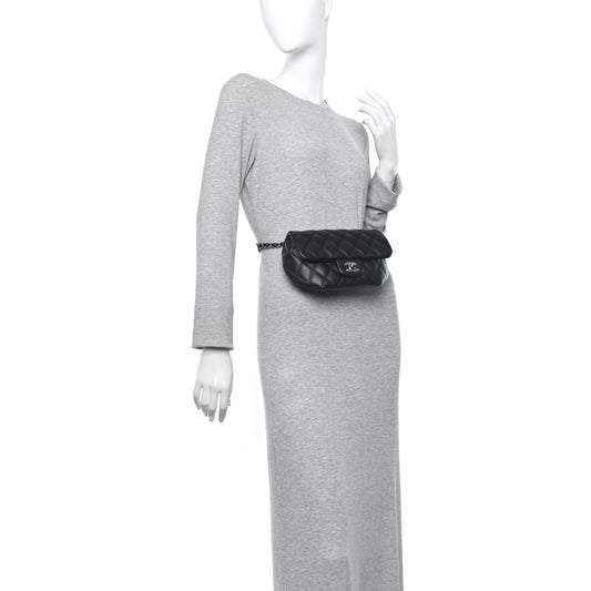 Calfskin Quilted CC Uniform Flap Belt Bag Black