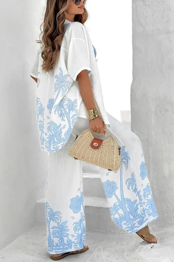 Conjunto de camisa extragrande con estampado único de mezcla de lino y palma de coco y pantalones holgados con bolsillo en la cintura elástica