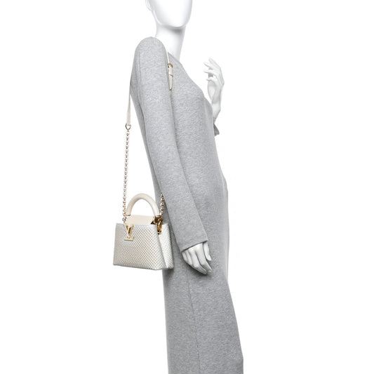 Metallic Calfskin Satin Pearl Embellished Mini Treasure Capucines Cream