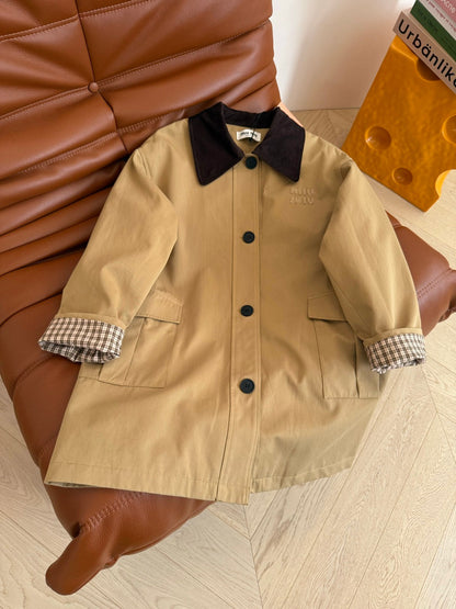 Miumiu Mid-Length Corduroy Collar Trench Coat Beige Cotton