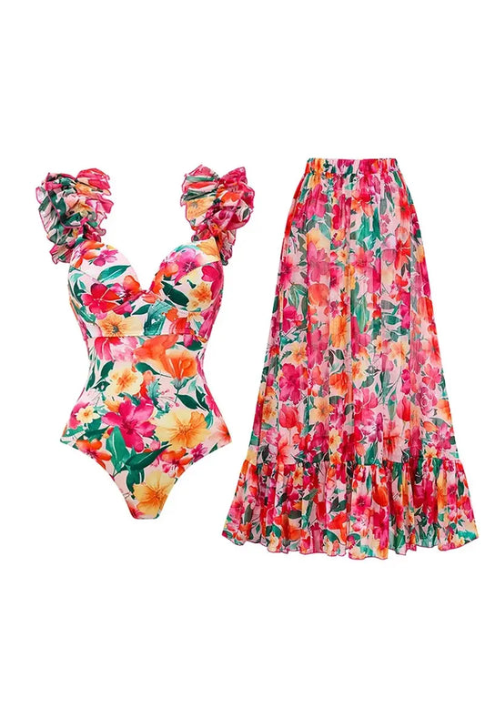 Floral Backless Swimsuit Beach Vacation Set