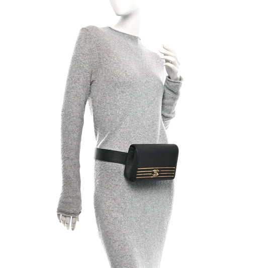 Grained Calfskin Embroidered Captain Gold Belt Bag Black