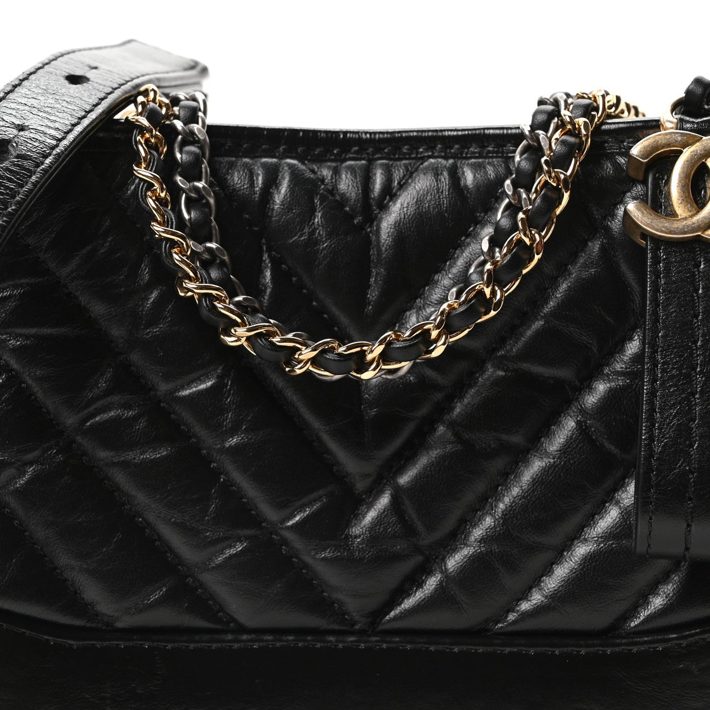 Aged Calfskin Chevron Quilted Small Gabrielle Hobo Black