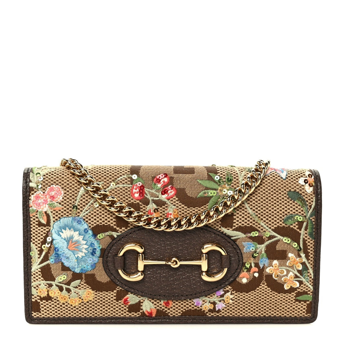 Monogram Jumbo GG Textured Dollar Calfskin Embroidered Horsebit 1955 Wallet On Chain Camel Ebony New Acero Multicolor