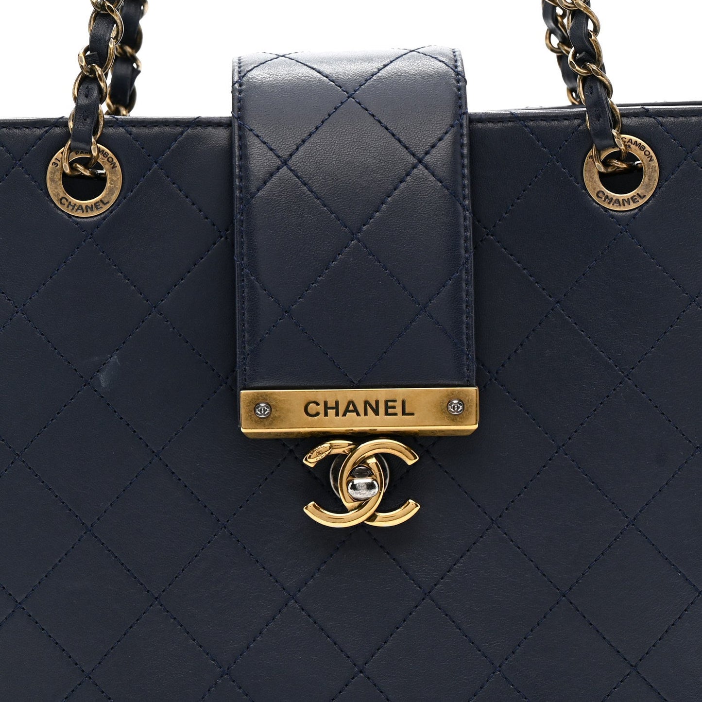 Lambskin Stitched Medium Around The Corner Shopping Tote Deep Marine
