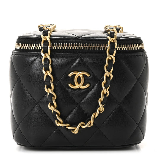 Lambskin Quilted Mini Pearl Crush Vanity Case With Chain Black