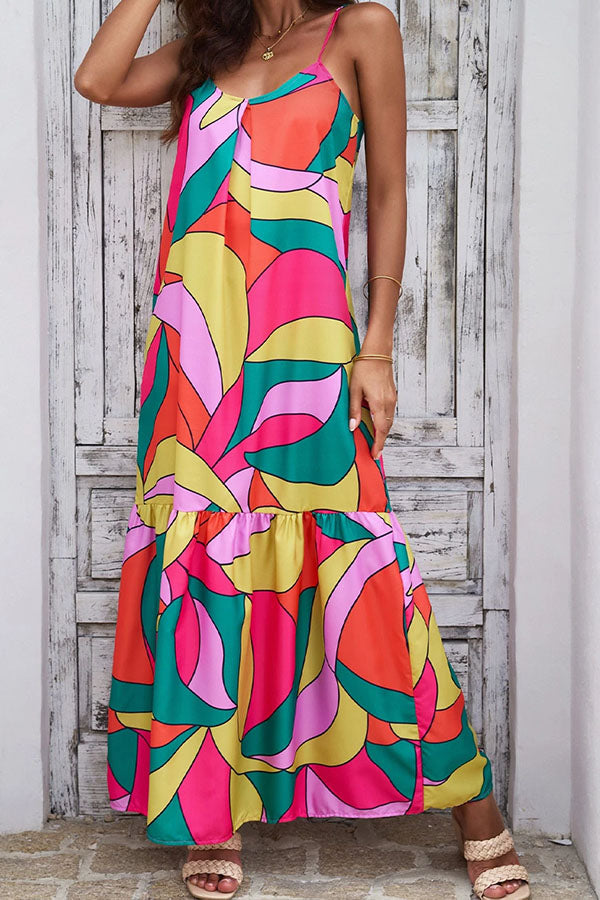 Vestido largo con cuello en V, bloques de colores geométricos multicolores y capas