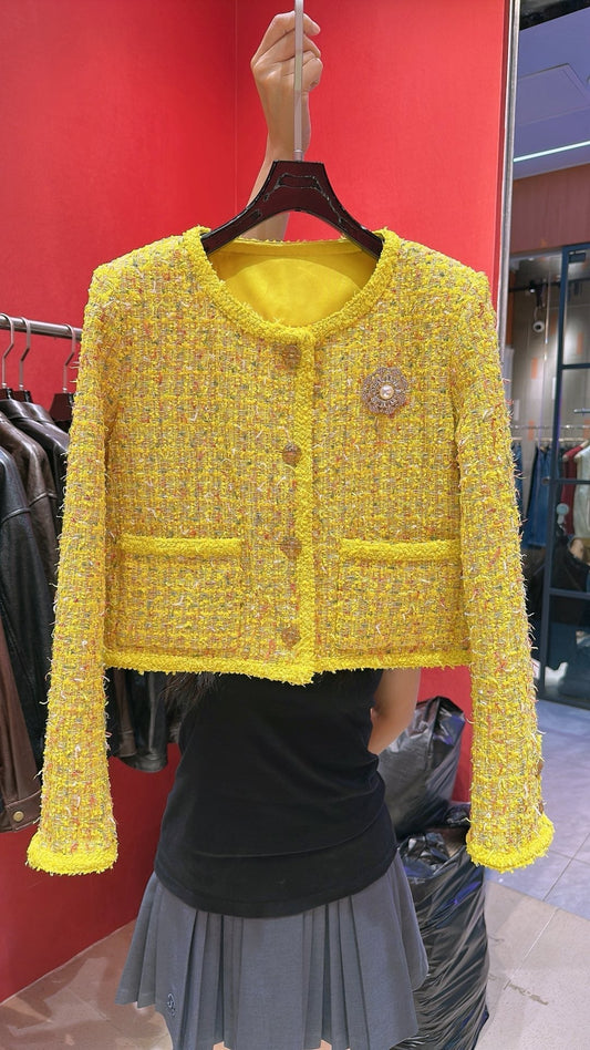 CC 25 Short Style Brooch Jacket Yellow Cotton