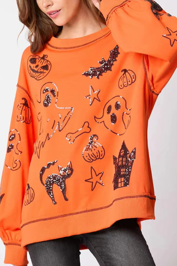 Sudadera informal holgada con lentejuelas y grafiti de Halloween 
