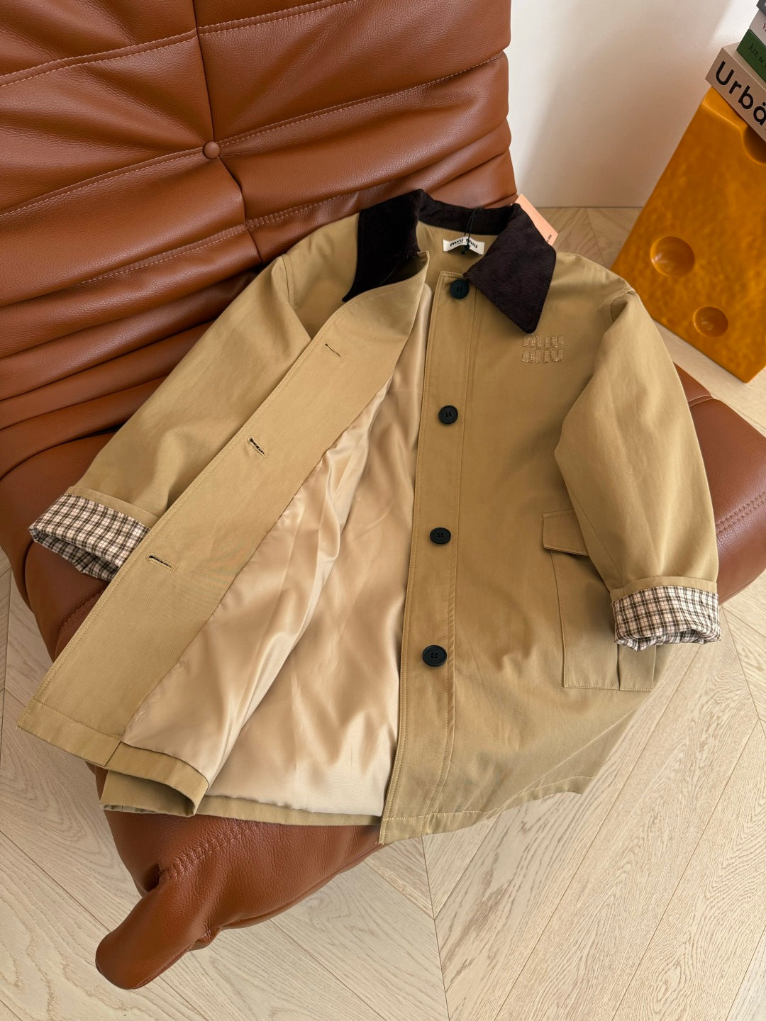 Miumiu Mid-Length Corduroy Collar Trench Coat Beige Cotton