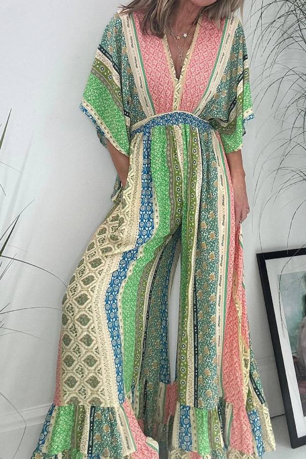 Mono holgado de pierna ancha con bolsillos y mangas acampanadas con estampado floral retro de Last Queen
