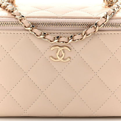 Lambskin Quilted Small Top Handle Vanity Case With Chain Ecru Dark Beige
