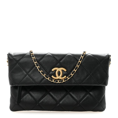 Calfskin Quilted Fold Over Clutch Black