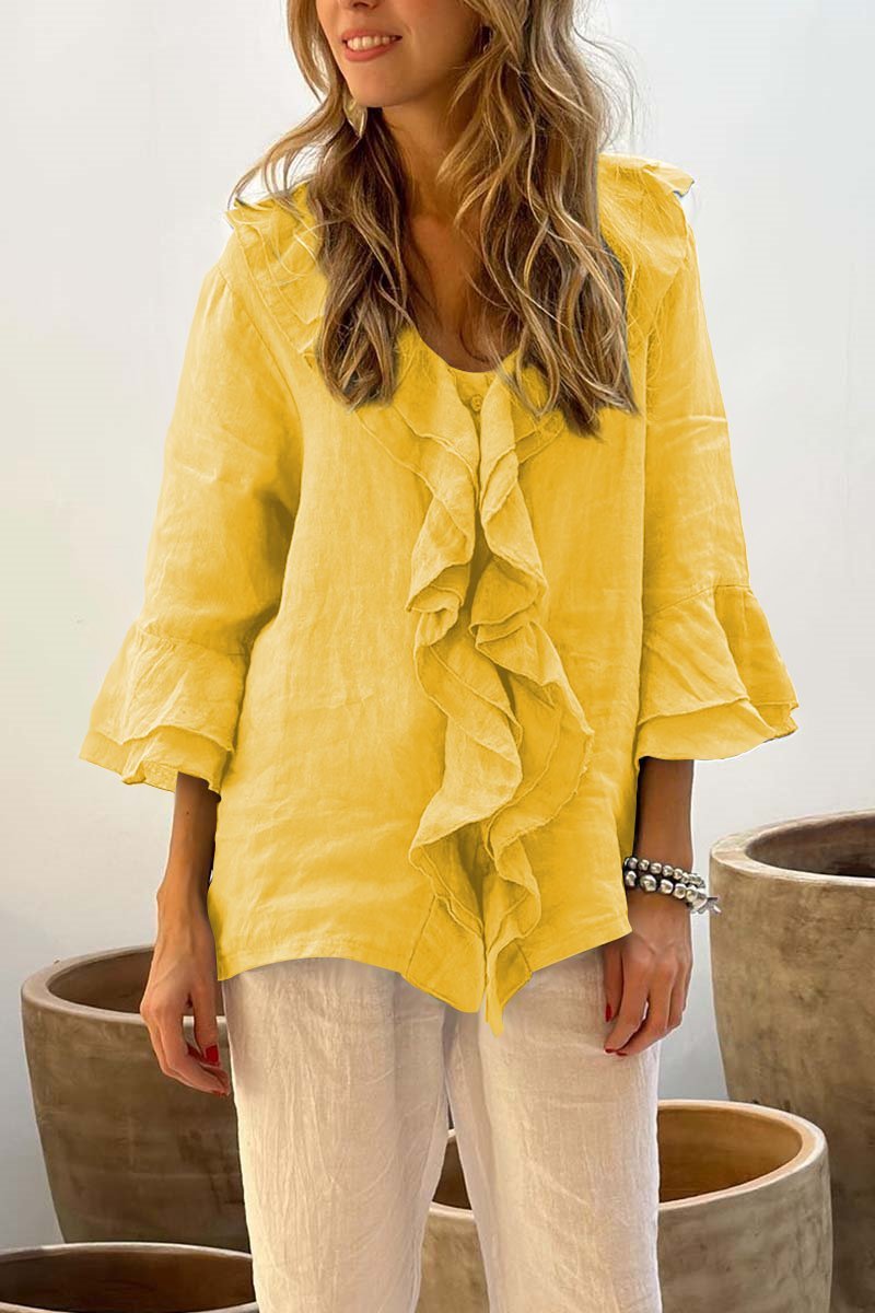 Tops casuales de algodón y lino con cuello con volantes para mujer