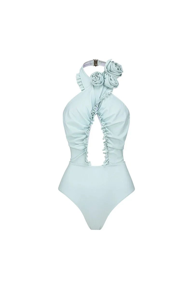 Halter Backless Swimsuit with 3D Floral Set