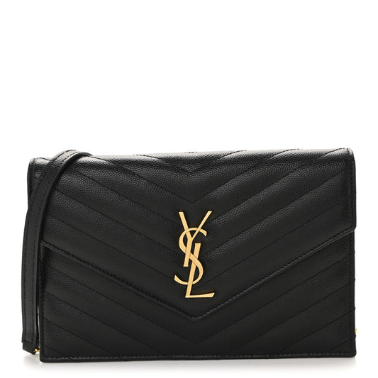 Grain De Poudre Matelasse Chevron Monogram Envelope Chain Wallet Black