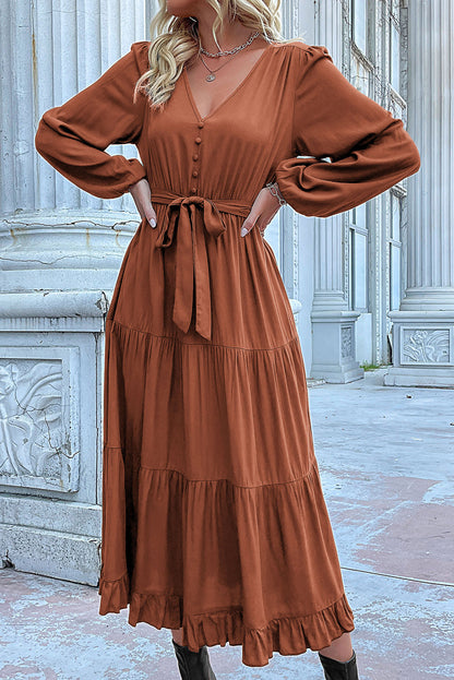 Vestido plisado con dobladillo con volantes y mangas farol con nudo canela 