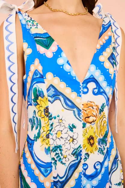 Vestido largo con lazo en los hombros con estampado floral azul celeste