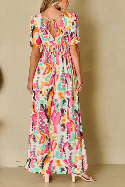 Vestido largo bohemio con cuello en V y estampado tie-dye