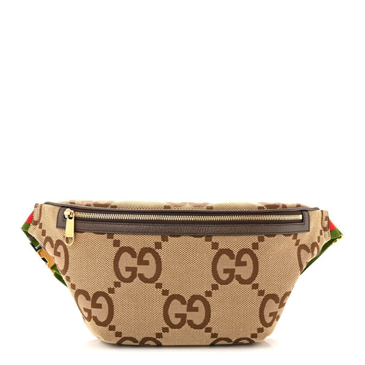 Monogram Jumbo GG Textured Dollar Calfskin Web Belt Bag Camel Ebony New Acero