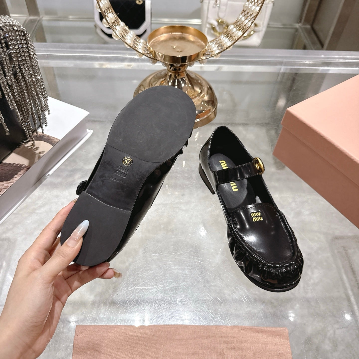 Miu Mary Jane Ballet Flats Black Calfskin 592043