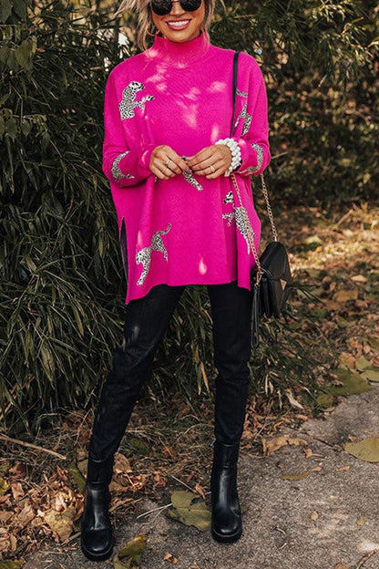 SUDADERA RELAJADA CON ABERTURA DE LEOPARDO, ACOGEDORA Y AMABLE