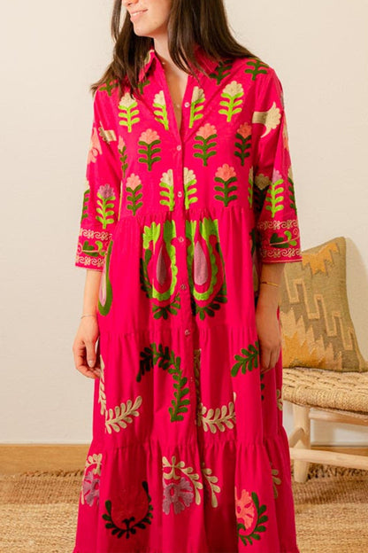 VESTIDO CAMISA FLORES ROSA FUCSIA 
