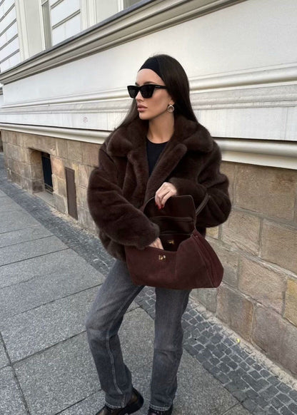 Plush Faux Fur Short Coat – Dark Brown