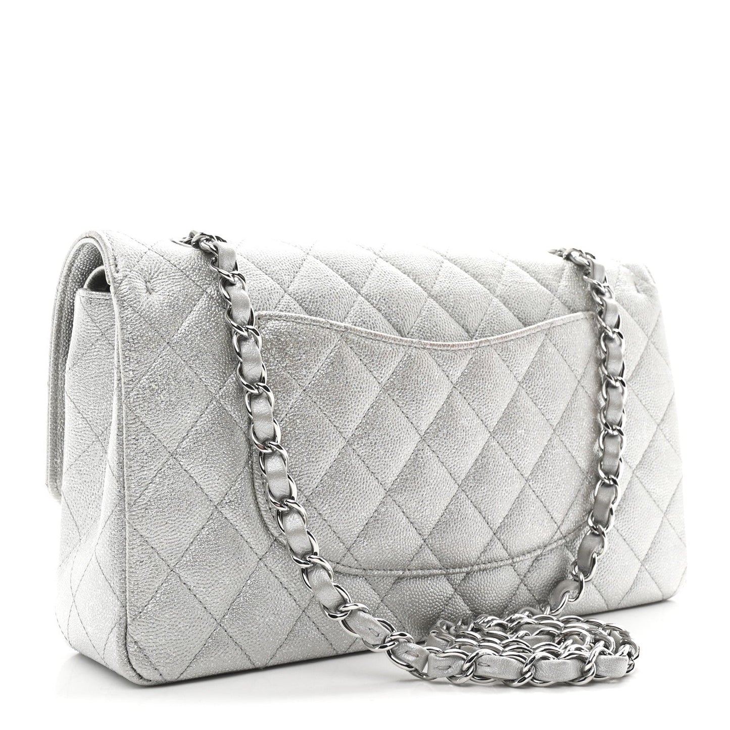 Glittered Metallic Caviar Quilted Medium Double Flap Silver