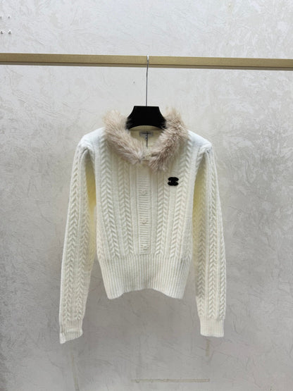 Chanel 2025 Hooded Feather-Embellished Knitted Long-Sleeve Cardigan Wool 716356