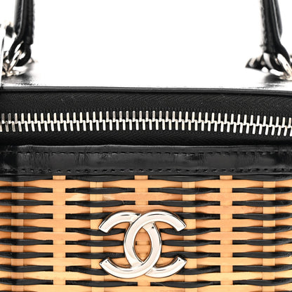 Calfskin Raffia Small Vanity Case Bag Black Beige