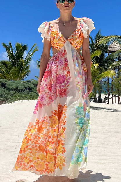 Vestido largo con volantes florales multicolores y espalda recortada con lazo Blooming Beauty