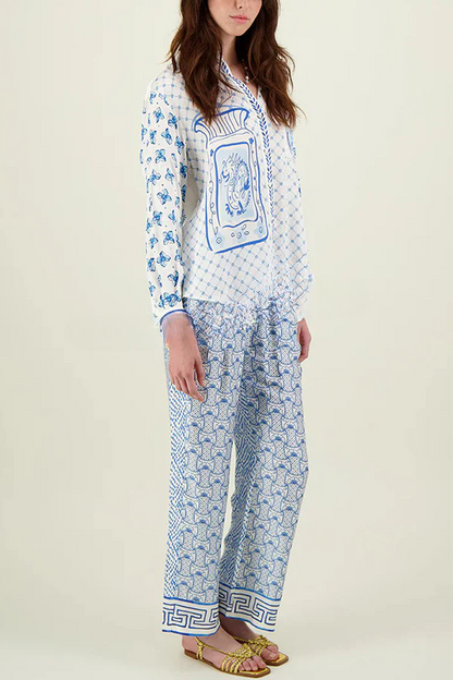 Conjunto de camisa holgada de manga larga y pantalón con cintura elástica con estampado único de dragón estilizado en satén