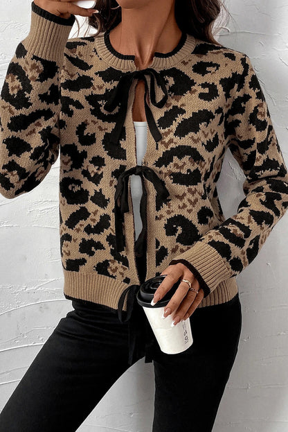 Cárdigan de punto con lazo y estampado de leopardo marrón