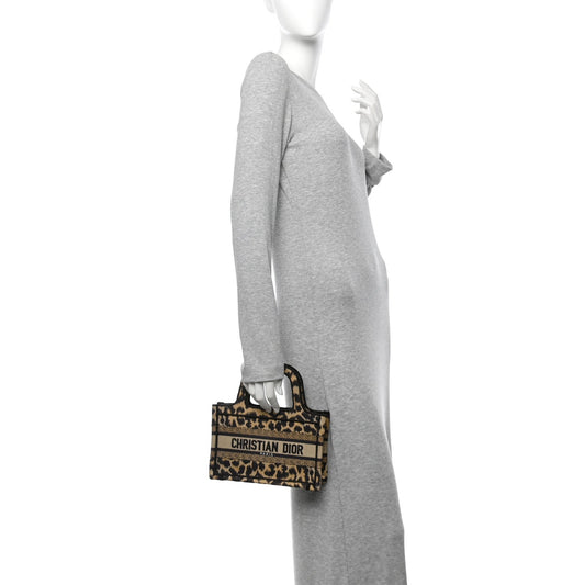 Canvas Mizza Embroidered Mini Leopard Book Tote Beige