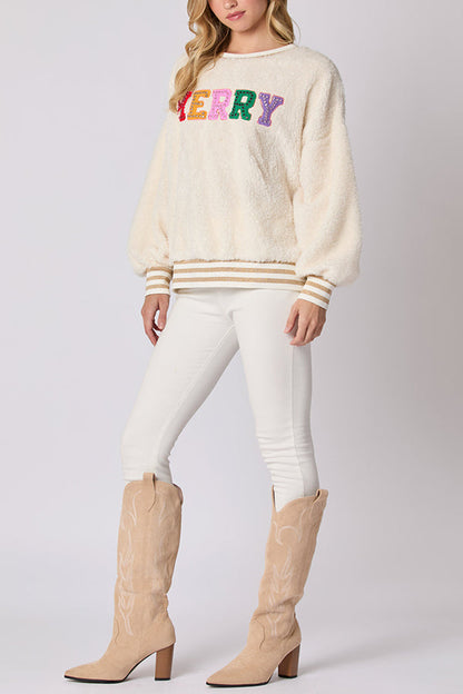 Sudadera de cuello redondo de manga larga con letras navideñas y diamantes de imitación