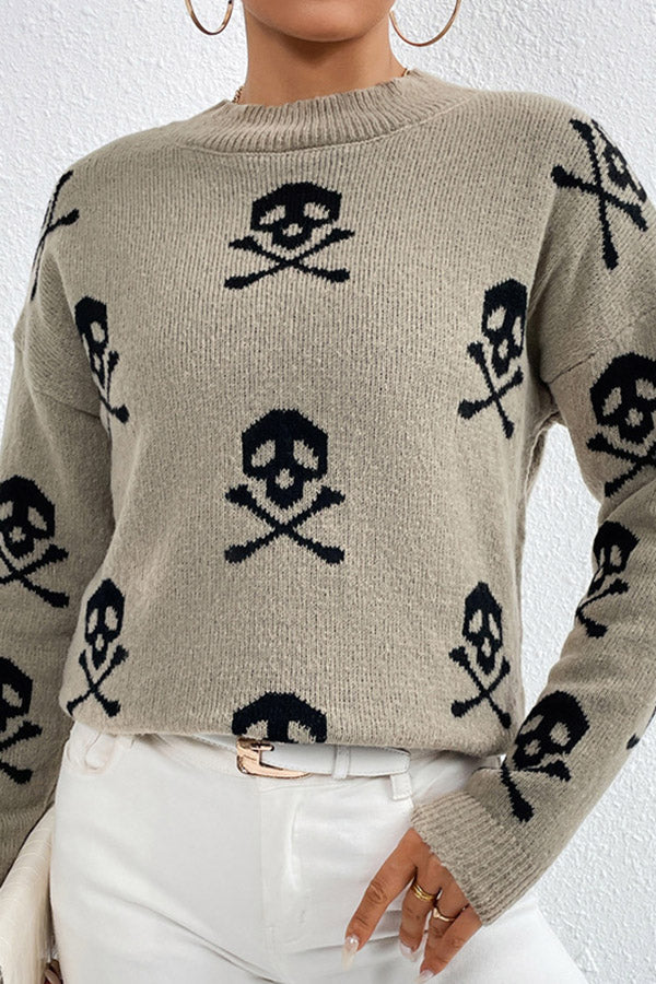 Suéter de punto con cuello redondo y estampado de calaveras en jacquard