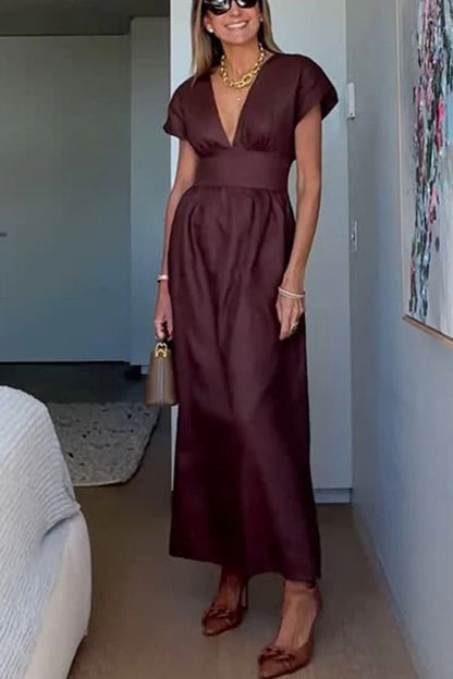 Vestido largo de cintura ajustada y manga corta en mezcla de lino Della