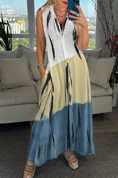 Vestido largo con cuello en V, sin mangas, estampado de bloques de color