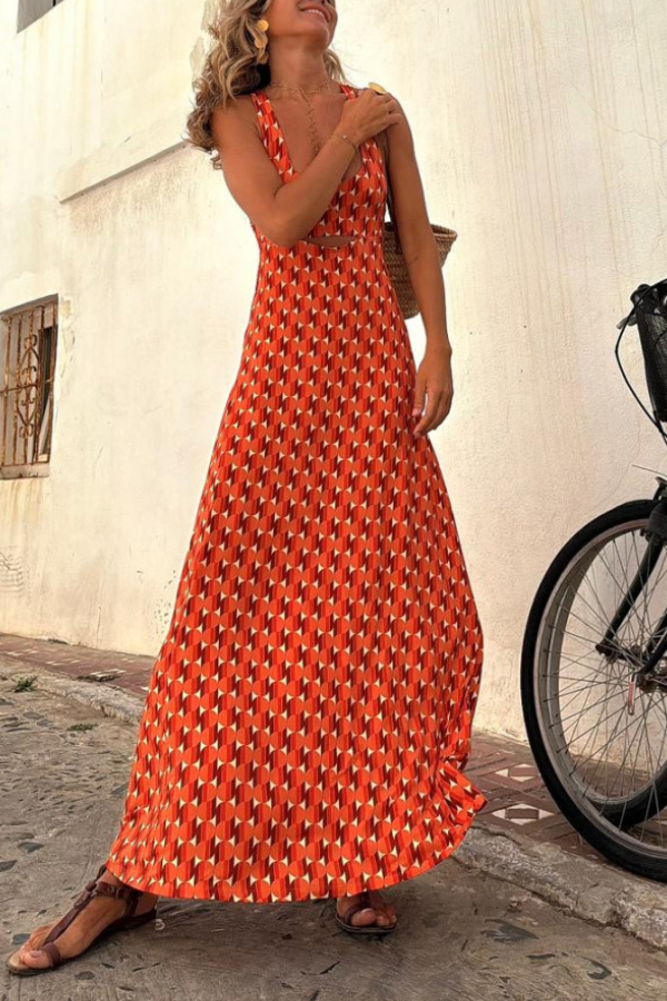 Vestido naranja de manga corta con estampado regular y tirantes largos