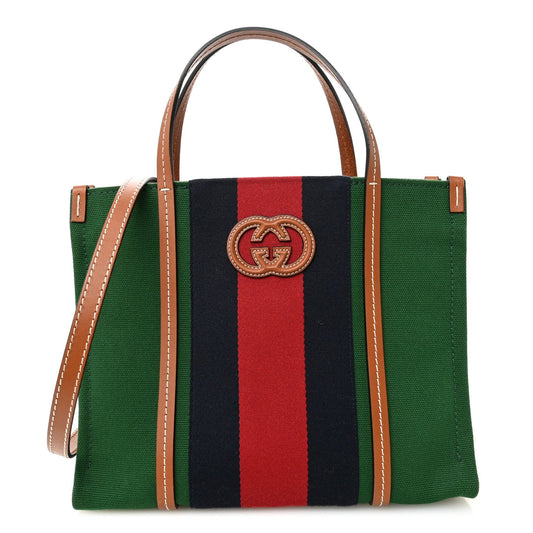 Canvas Calfskin Web Small Interlocking G Tote Bag Green Red