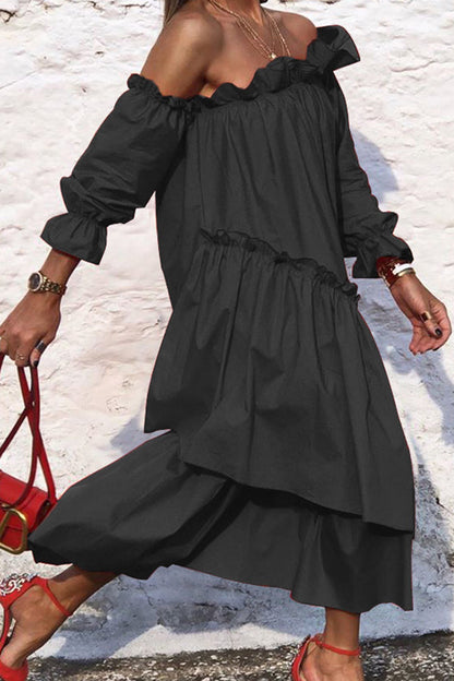 Vestido midi holgado con hombros descubiertos y volantes irregulares de Fionna