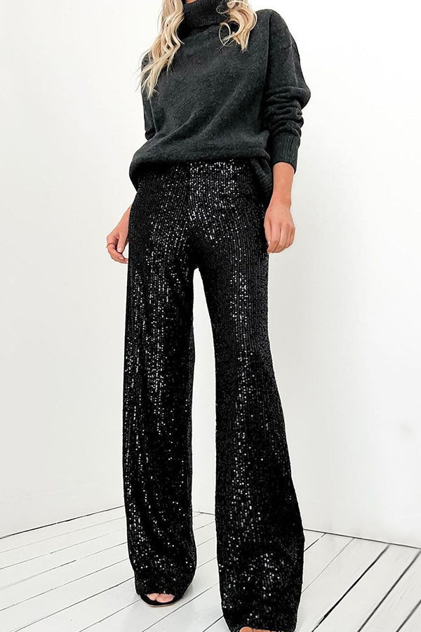 Pantalones rectos casuales de moda con lentejuelas de color sólido