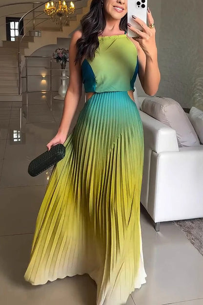 Vestido largo elegante con pliegues degradados, espalda descubierta y lazo.