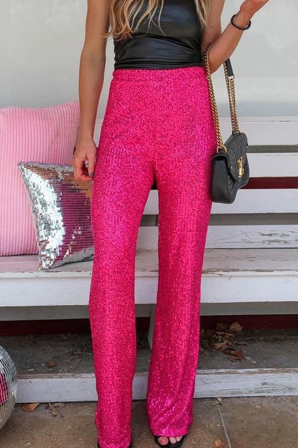 Pantalones rectos casuales de moda con lentejuelas de color sólido