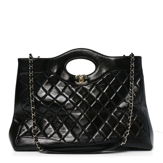 Shiny Crumpled Calfskin Quilted Large 31 Shopping Bag Black