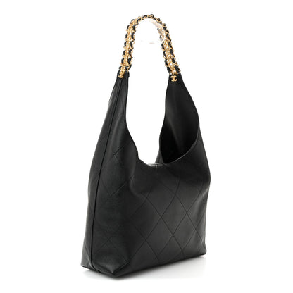 Shiny Lambskin Quilted Medium Hobo Black