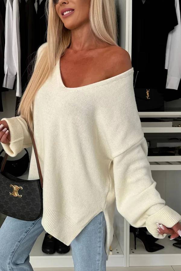 Suéter holgado irregular de manga larga con cuello en V y color liso para clima frío 