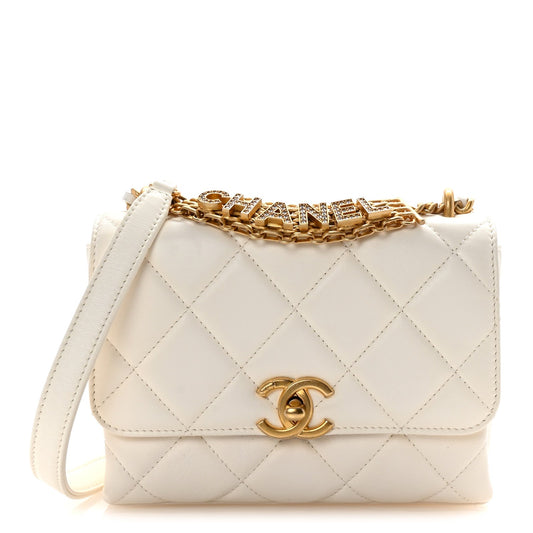 Lambskin Quilted Mini CC Crystal Logo Chain Flap White