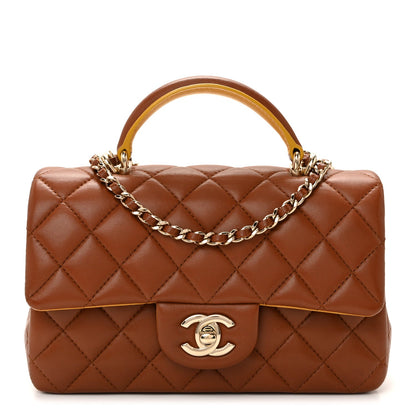 Lambskin Quilted Bi-Color Mini Top Handle Rectangular Flap Light Brown Yellow